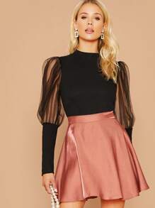 SHEIN Top de manga gigot con malla - Negro - Ver 1
