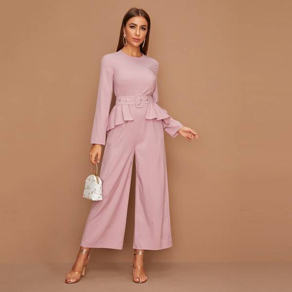 

Ruffle Trim Belted Wide Leg Jumpsuit, Pink pastel