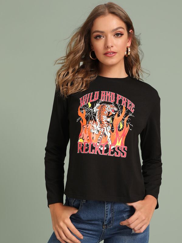 

Tiger & Letter Graphic Tee, Black, Luiza