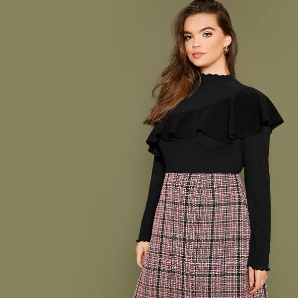 

Plus Lettuce Trim Ruffle Ribbed Top, Black