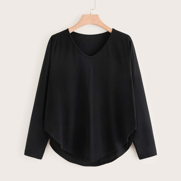 

Plus Solid High Low Curved Hem Tee, Black