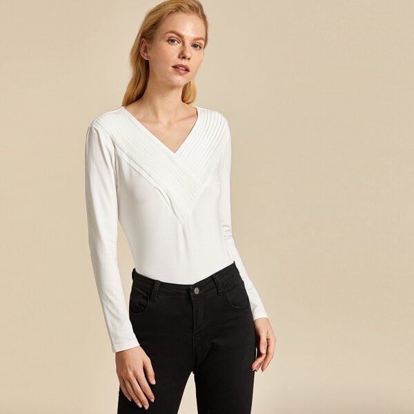 

Premium V-neck Pleated Detail Tee, White