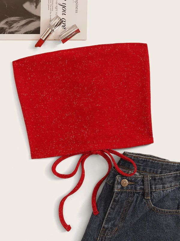 

Plus Lace Up Sparkly Glitter Tube Top, Red