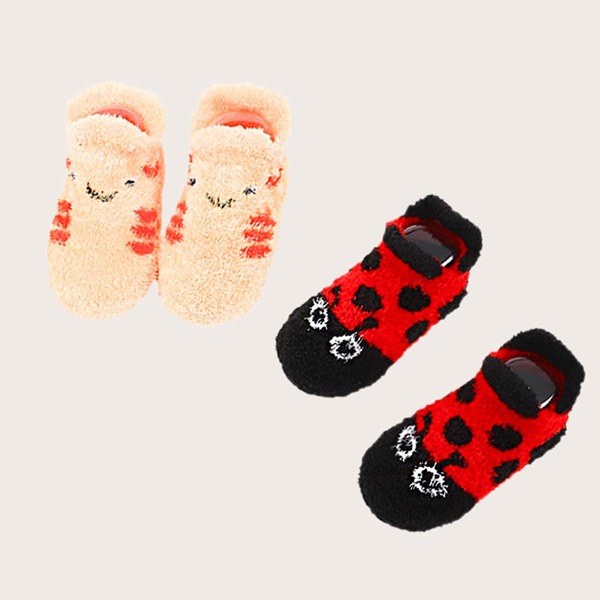 

2pairs Baby Sheep & Lady Bug Pattern Fluffy Socks, Multicolor