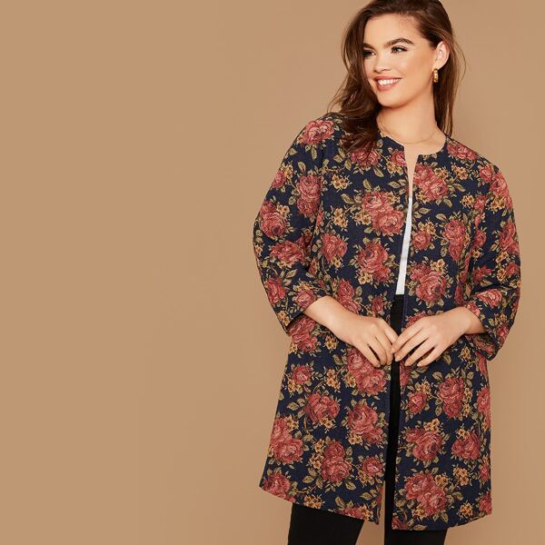 

Plus Open Front Floral Jacquard Coat, Multicolor