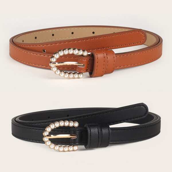 

2pcs Faux Pearl Beaded Buckle Belt, Multicolor