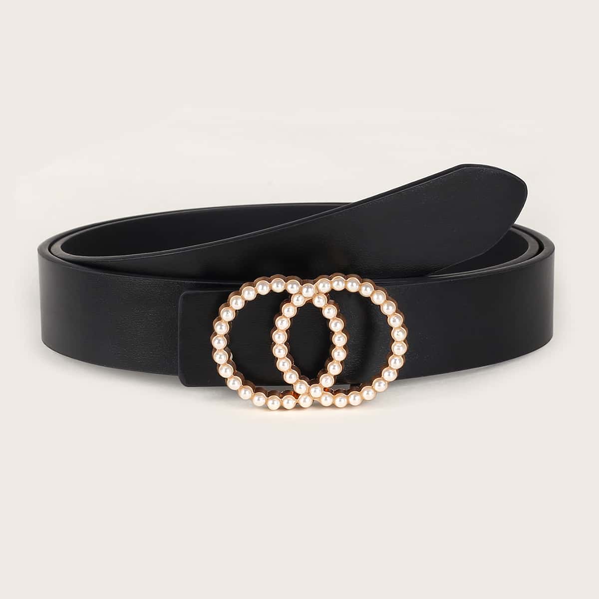 

Faux Pearl Beaded Double O-ring Belt, Black