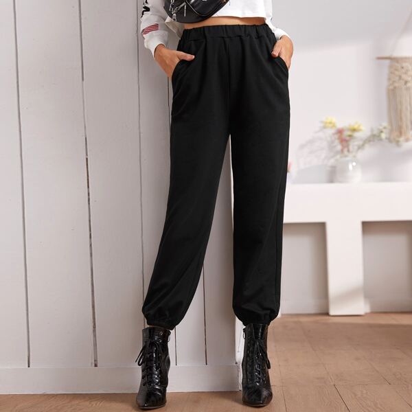 

Elastic Waist Solid Pants, Black