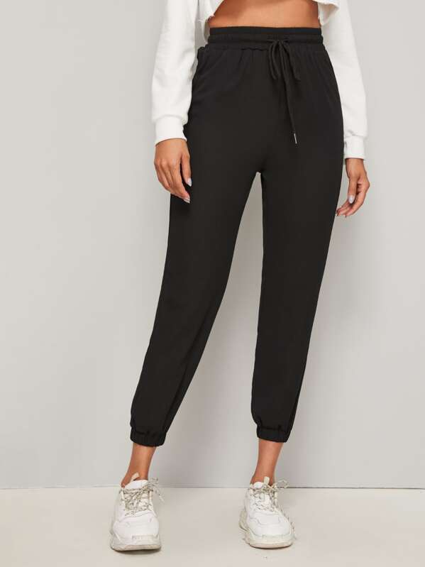 

Solid Drawstring Waist Carrot Pants, Black, Andy