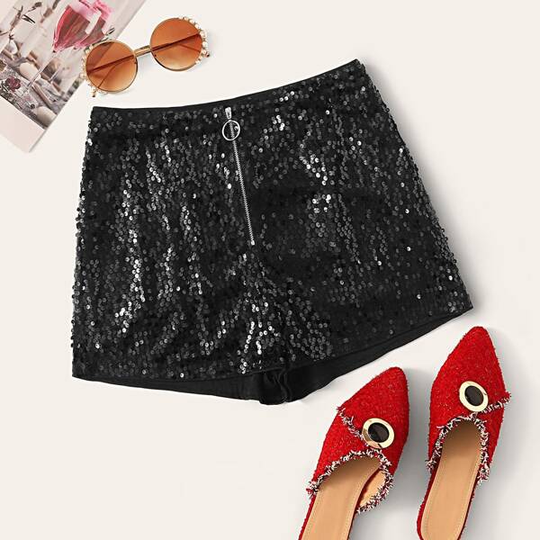 

O-ring Zip Up Sequin Shorts, Black