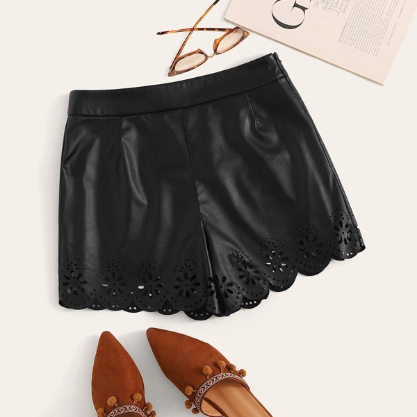 

Zipper Fly Laser Cut PU Shorts, Black