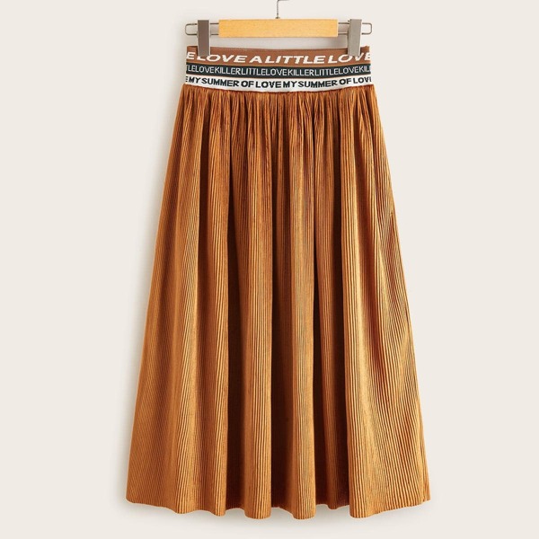 

Slogan Print Waist Plisse Velvet Skirt, Camel