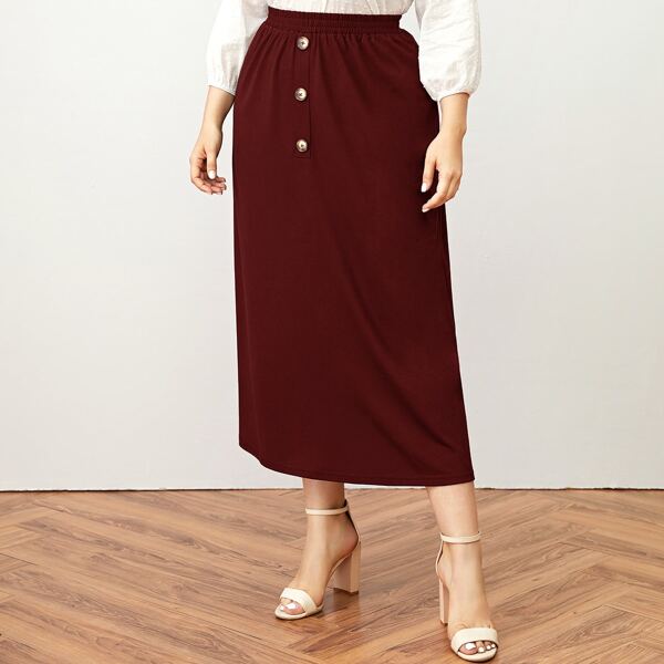 

Plus Elastic Waist Button Detail Skirt, Burgundy
