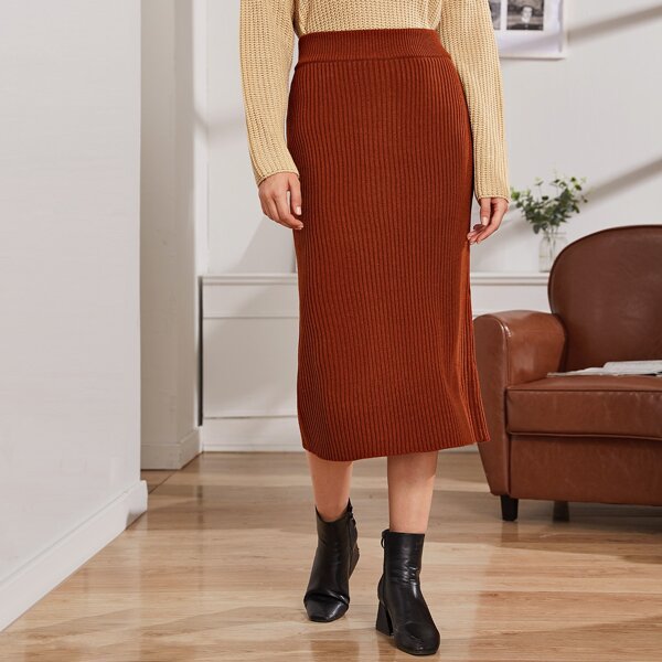 

Solid Rib-knit Skirt, Brown