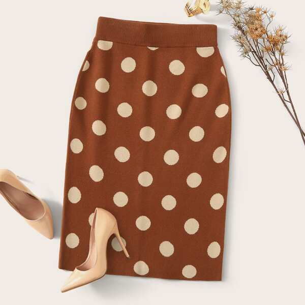 

Split Back Polka Dot Knit Skirt, Brown