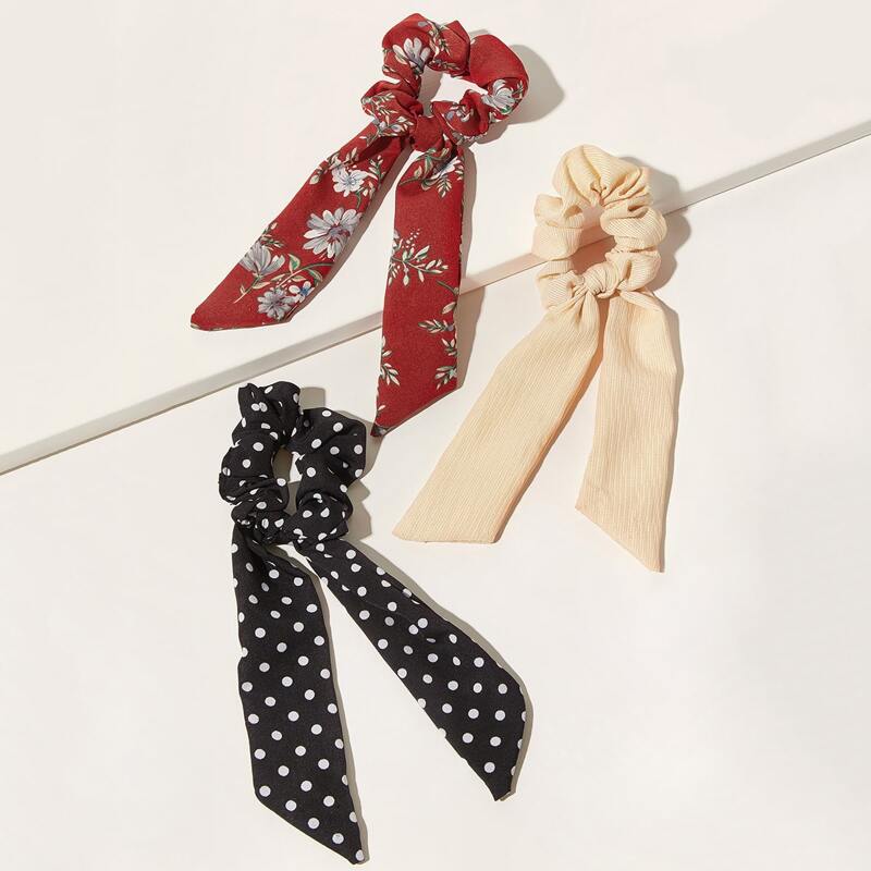 

3pcs Polka Dot & Floral Pattern Scrunchie Scarf, Multicolor