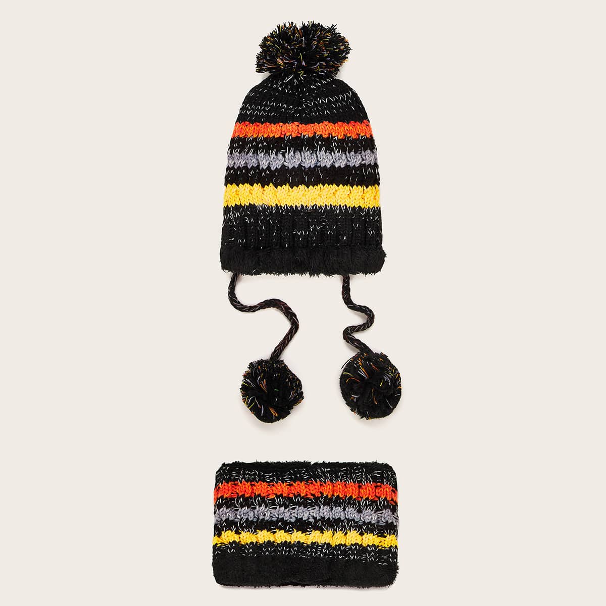 

2pcs Color Block Pom Pom Decor Beanie & Ring Scarf, Multicolor