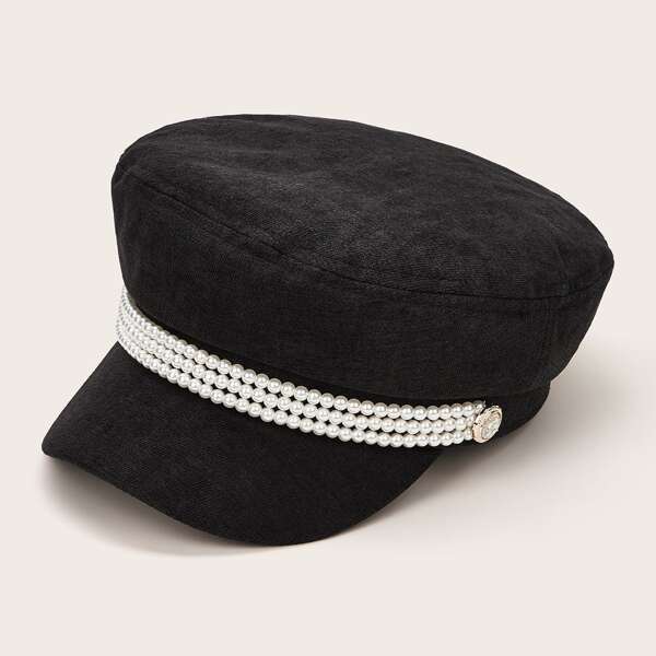 

Faux Pearl Beaded Band Decor Bakerboy Hat, Black