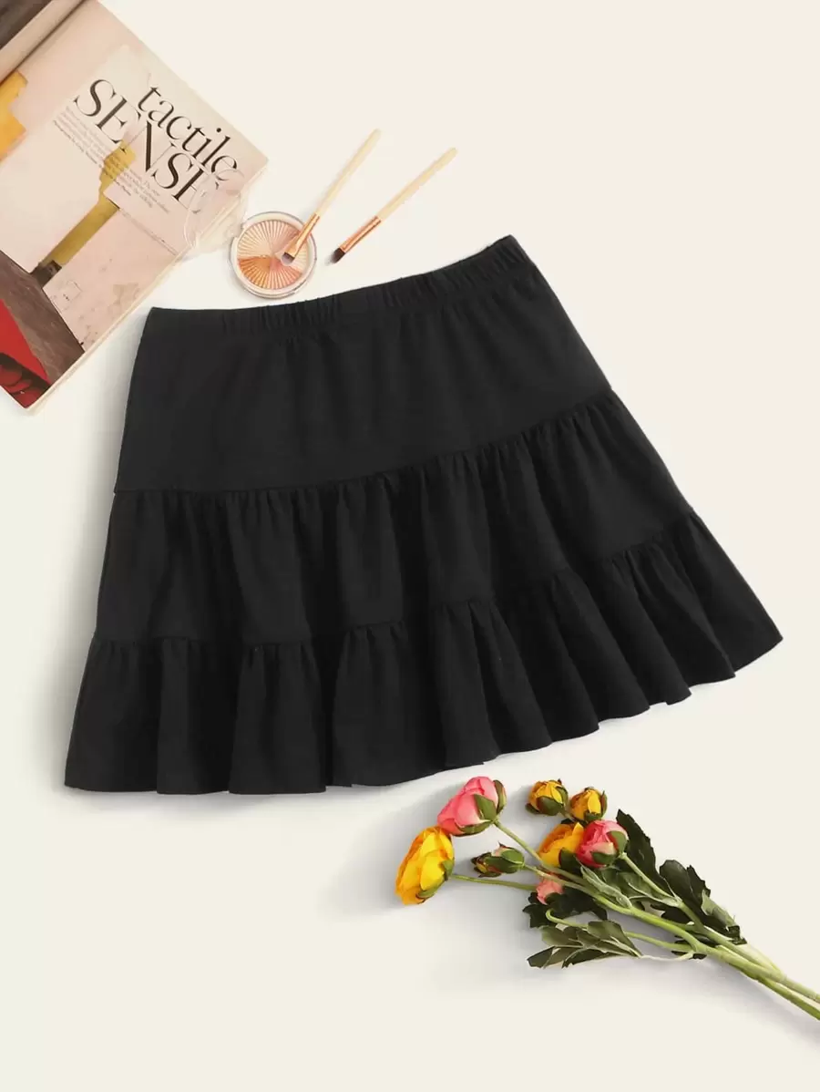 SHEIN WYWH Falda bajo fruncido de cintura elástica - Negro - Ver 1