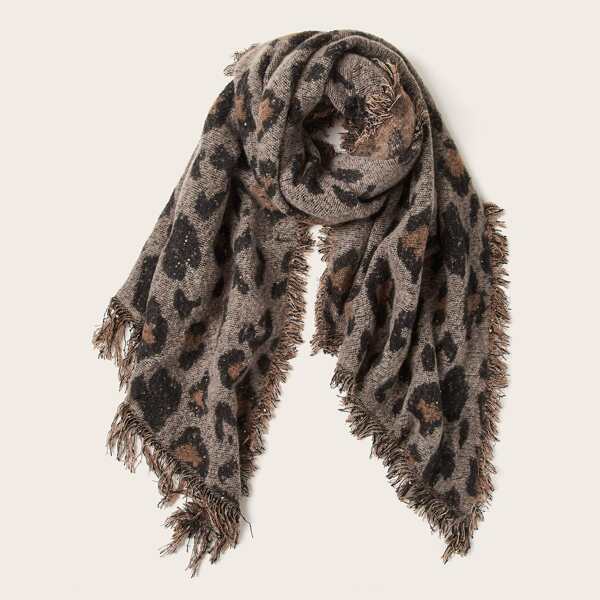 

Leopard Pattern Fringe Hem Scarf, Mocha brown