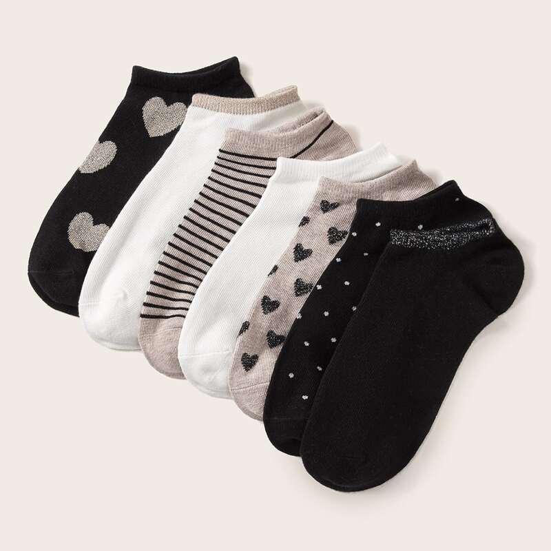 

6pairs Heart & Striped Pattern Socks, Multicolor