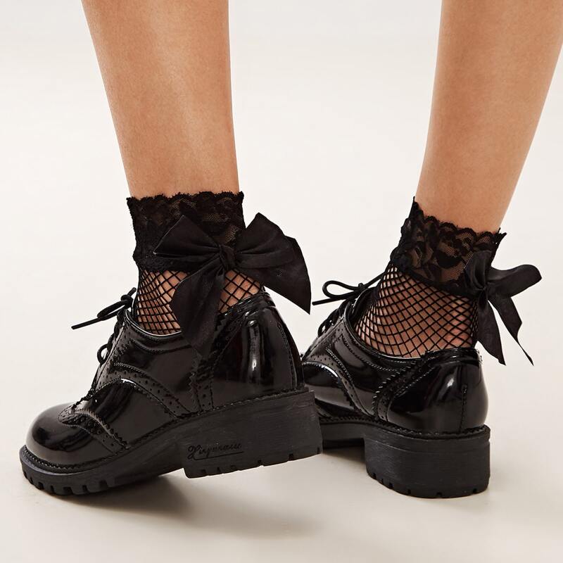 

1pair Bow Knot Decor Fishnet Socks, Black