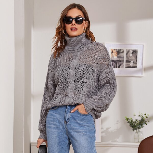 

Turtle Neck Pointelle Knit Sweater, Grey
