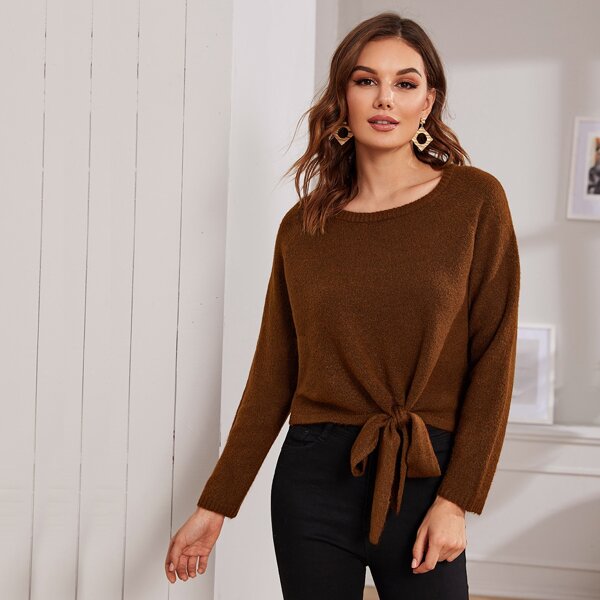 

Tie Hem Raglan Sleeve Sweater, Brown