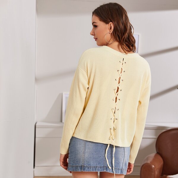 

Lace Up Back Ribbed Knit Sweater, Beige pastel