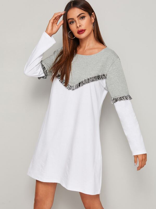 

Two Tone Fringe Trim Sweatshirt Dress, Multicolor, Andy