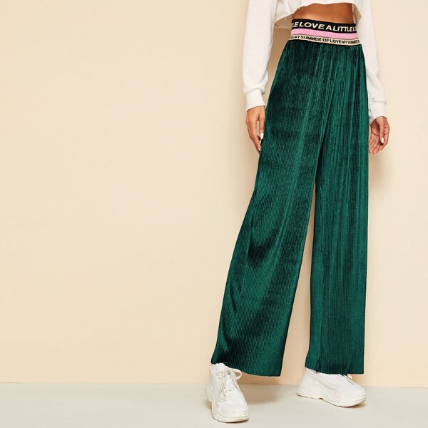

Slogan Graphic Wide Band Waist Rib-knit Velvet Palazzo Pants, Green