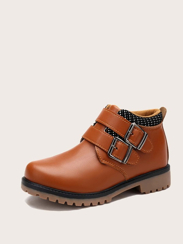 

Boys Almond Toe Double Buckle Boots, Brown