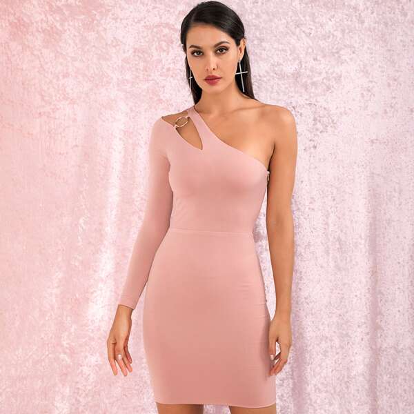 

LOVE&LEMONADE One Shoulder Cut-out Bodycon Dress, Pink pastel