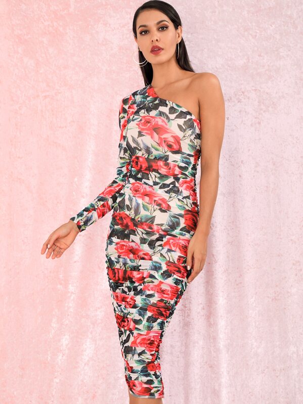 

LOVE&LEMONADE Floral One Shoulder Ruched Bodycon Dress, Multicolor