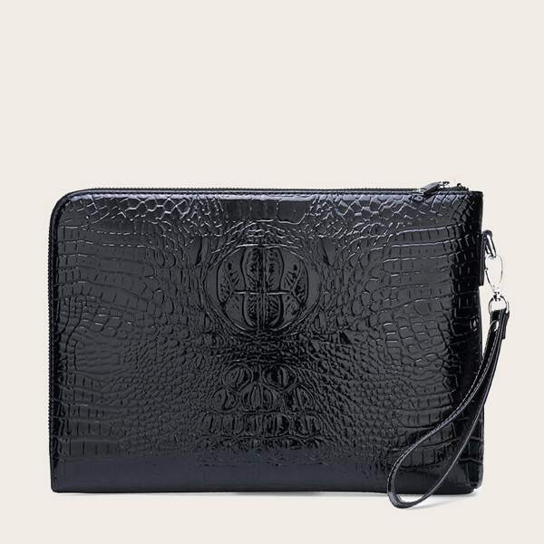 

Men Solid Croc Embossed Clutch Bag, Black