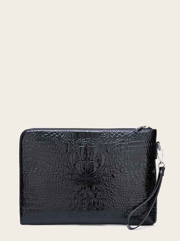 

Men Solid Croc Embossed Clutch Bag, Black