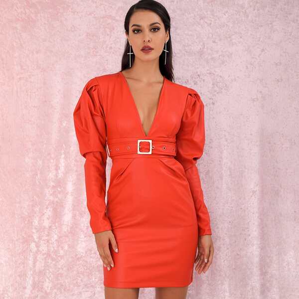 

LOVE&LEMONADE Plunge Neck Gigot Sleeve Belted PU Bodycon Dress, Orange bright