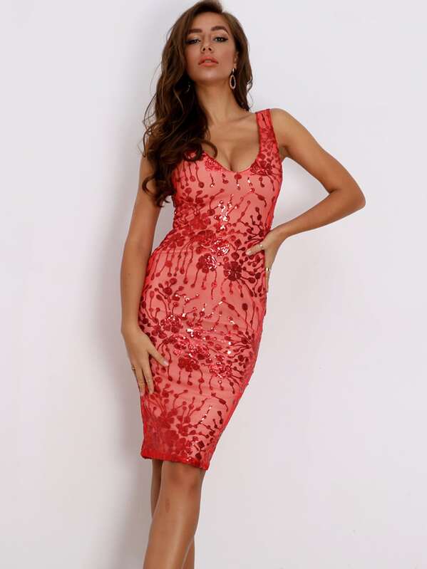 

Joyfunear Zip Back Sequin Midi Bodycon Dress, Red