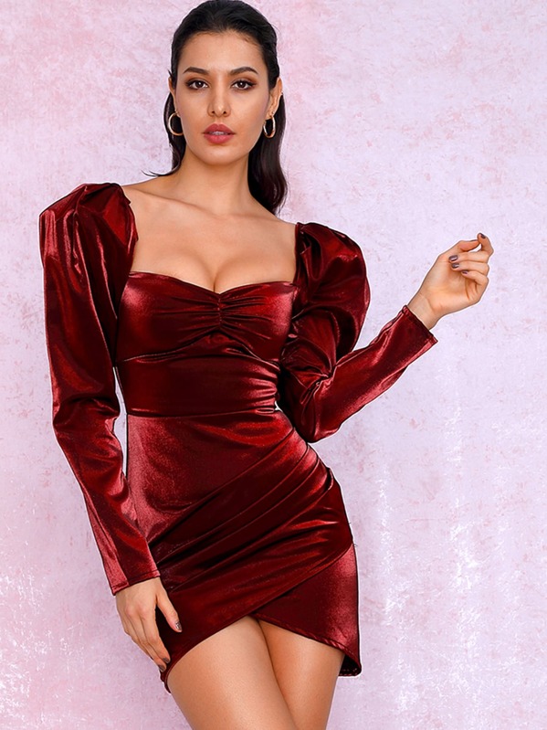 

LOVE&LEMONADE Gigot Sleeve Ruched Wrap Bodycon Dress, Burgundy