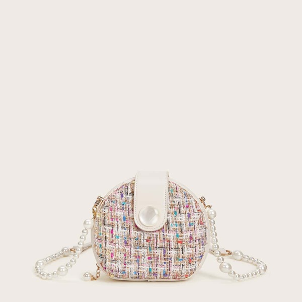

Tweed Round Bag With Faux Pearl Strap