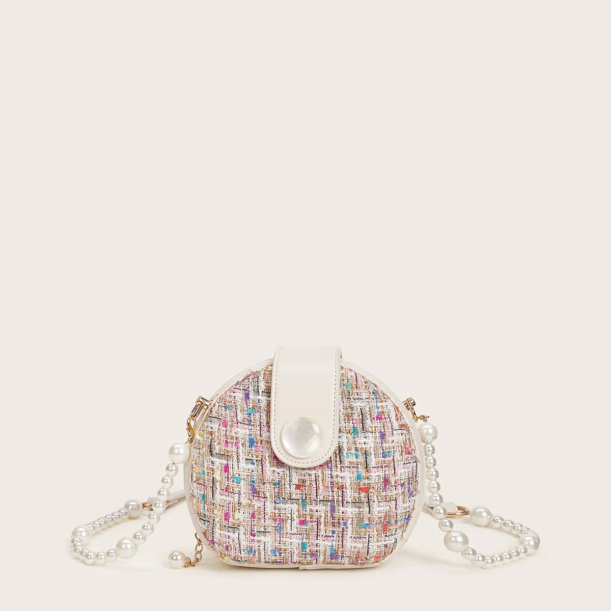 

Tweed Round Bag With Faux Pearl Strap, Multicolor