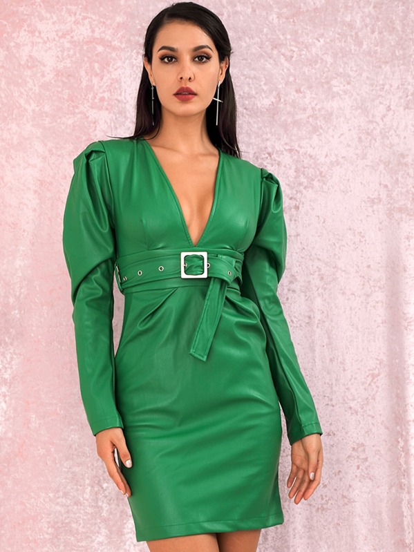 

LOVE&LEMONADE Plunge Neck Gigot Sleeve Belted PU Bodycon Dress, Green