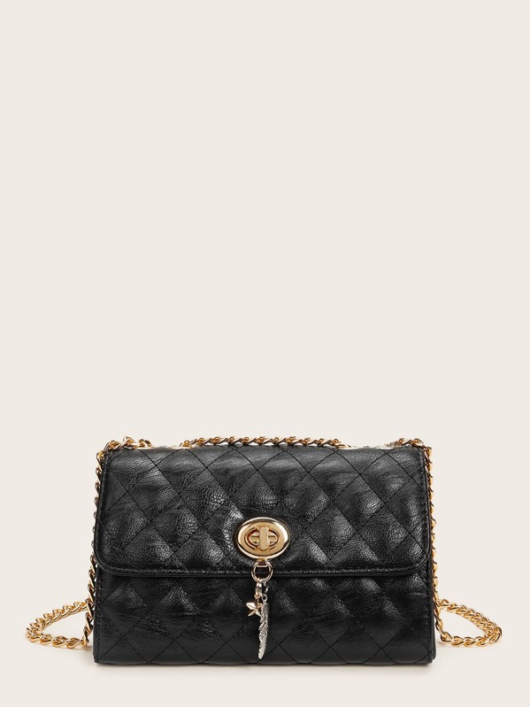 

Quilted Flap Chain Crossbody Bag, Black