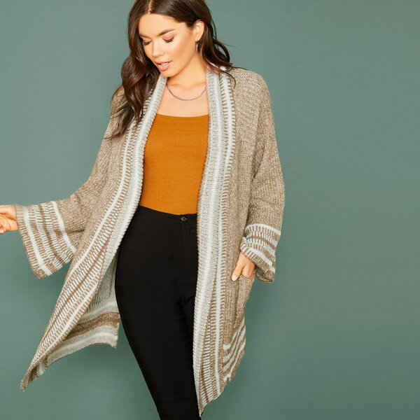 

Open Front Side Slit Knitted Two Tone Cardigan, Multicolor