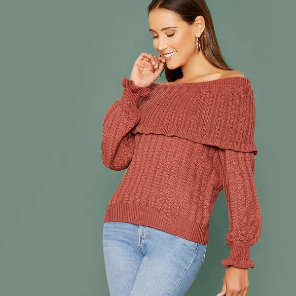 

Fold Over Off Shoulder Pullover Sweater, Red