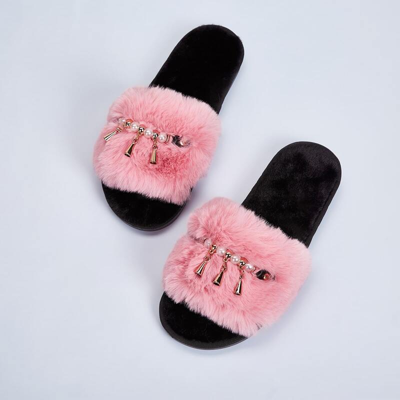 

Open Toe Faux Pearl Fuzzy Slippers, Multicolor