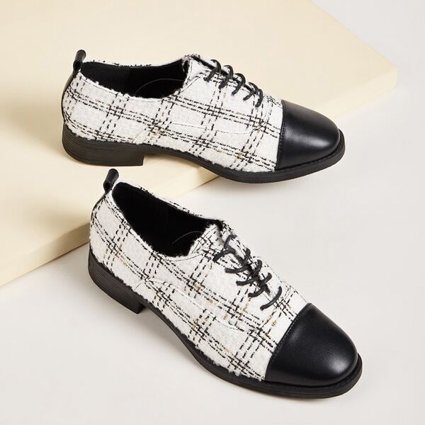 

Tweed Cap Toe Lace Up Flats, White