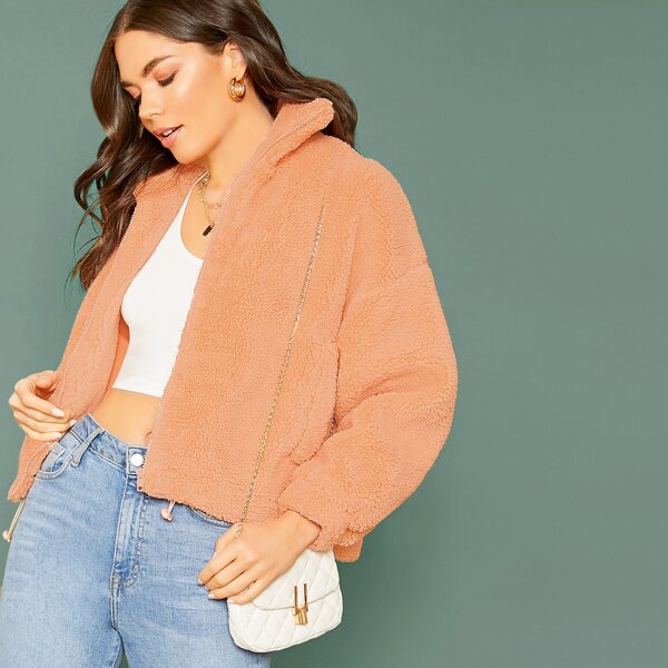 

Zip Front Fuzzy Bear Faux Sherpa Jacket
