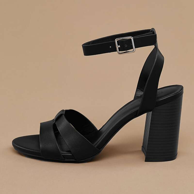

Buckled Ankle Open Toe Stacked Heel Sandals, Black