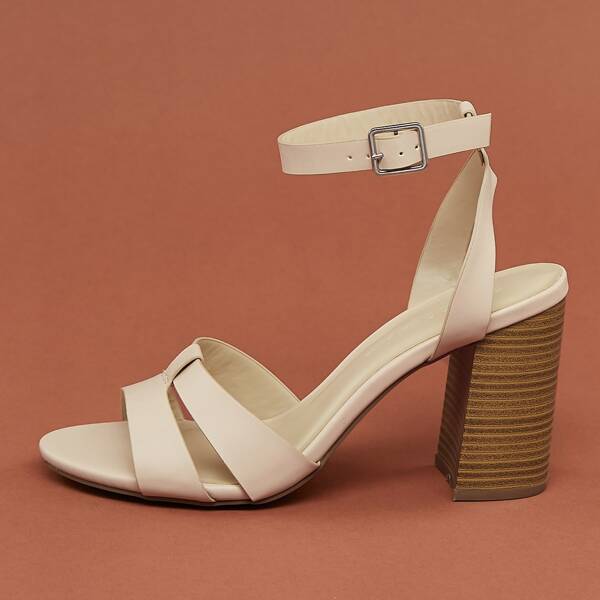 

Cut Out Band Buckled Ankle Chunky Heel Sandals, Apricot